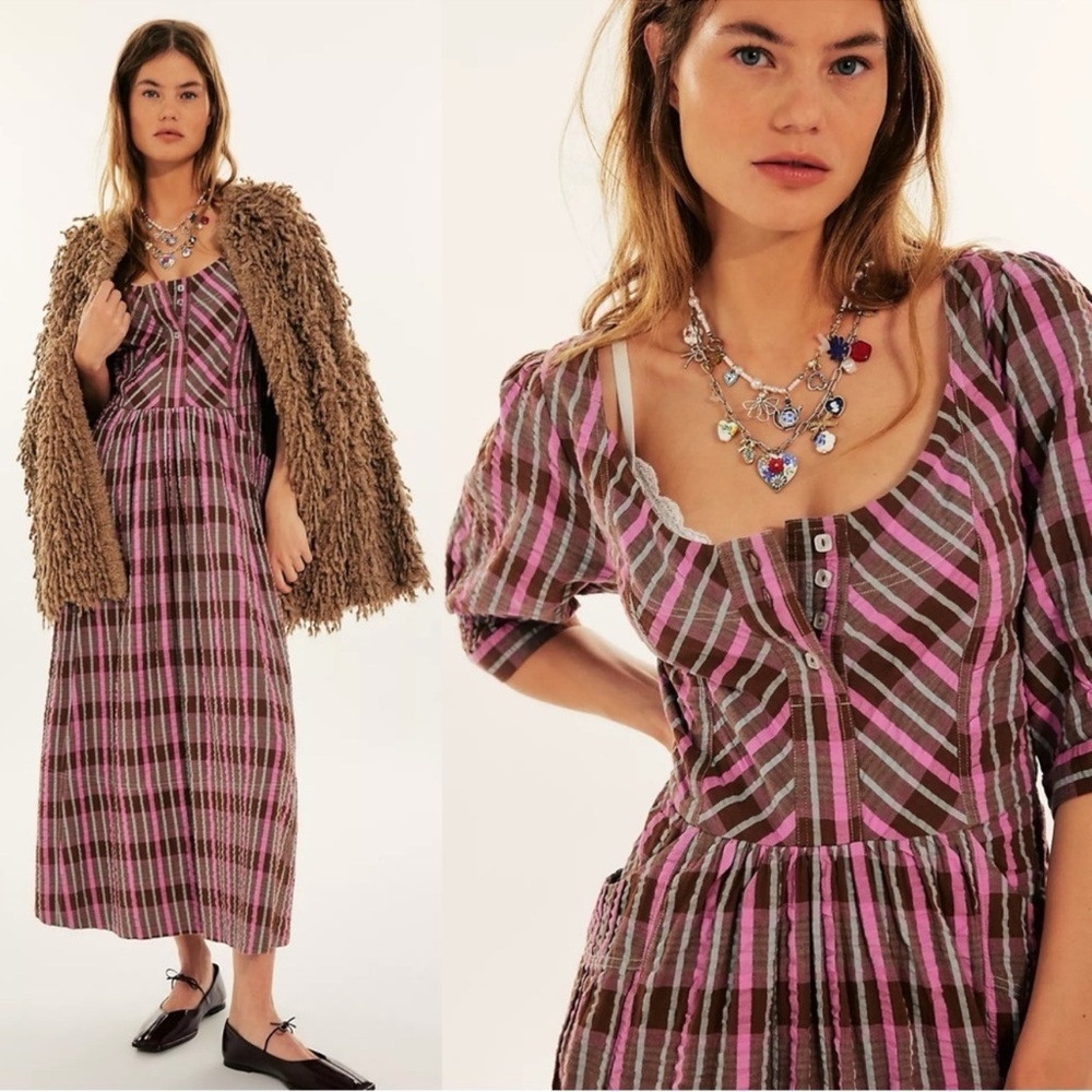 Free People Tulie Plaid Midi Dress Pink Brown Small NWOT Western Prairie Preppy
